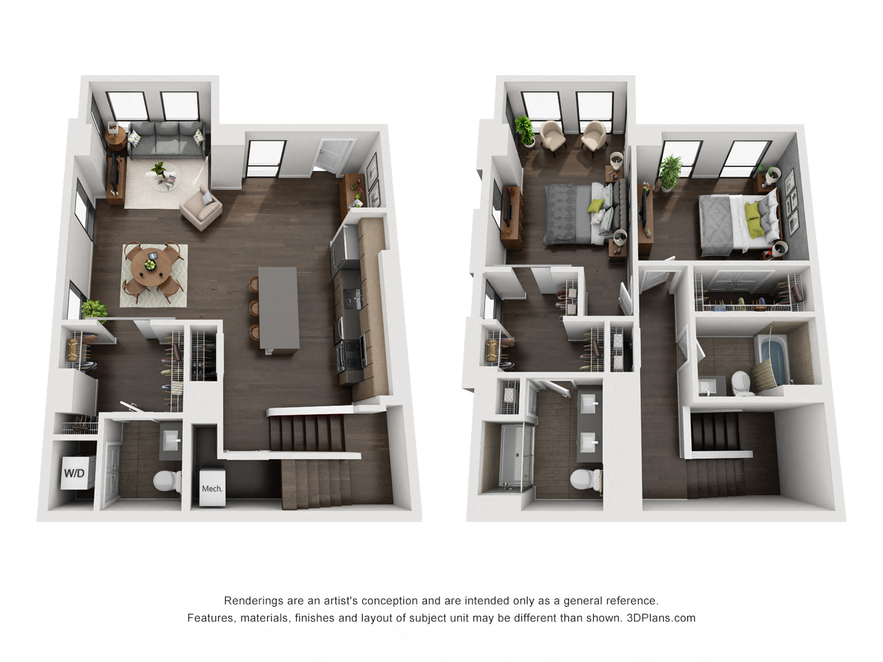 Floor plan for 2 beds, 2.5 baths, 1462 sqft